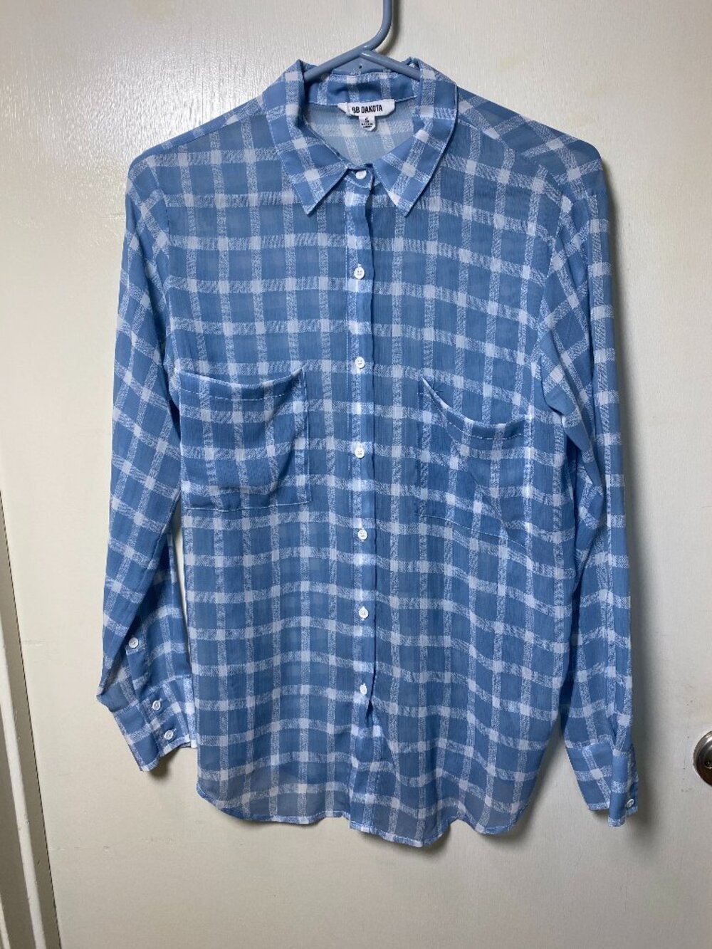 BB Dakota Blue White Plaid Button Front Blouse Womens Small Sheer Lightweight